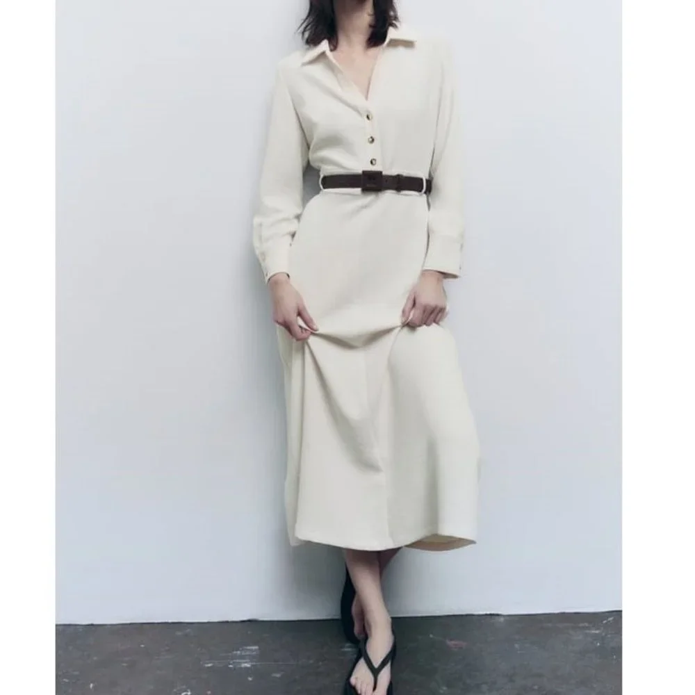 Zara Women's Ecru Belted Waist Midi Dress Size XS - Picture 1 of 13